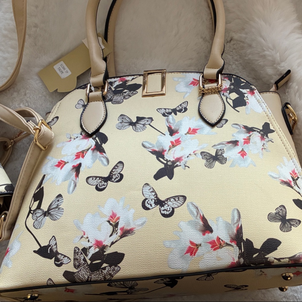 TWO Cream Floral & Butterfly Crossbody Tote with Gold Accents